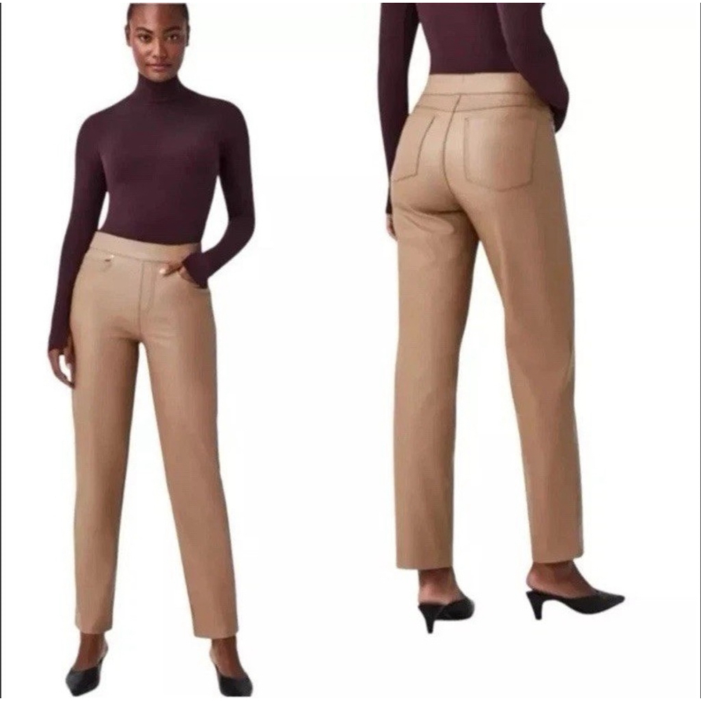 Spanx Faux Leather Pant XL Petite Toffee Tan Vegan Slim Straight Stretch Classic